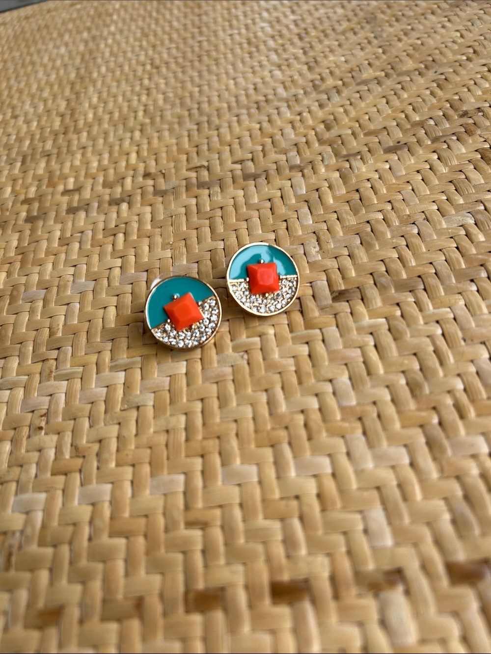 Orange and teal sparkling circle earrings